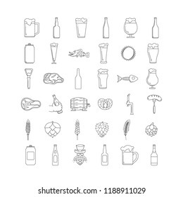 Big set of beer icons with bottles, pint glasses, mug, steak, pretzel, sausage, malt, wheat, barley ears, hop, barrel. For pub label design. Vector isolated illustration. 