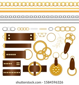 Big set of the belt, chain and braid elements in realistic style on white background. Graphic luxury metal vector collection with golden and silver objects for your design, ornament and texture