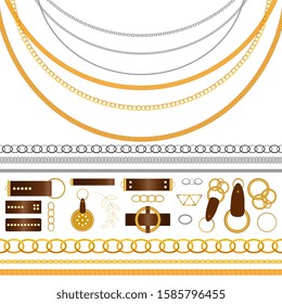 Big set of the belt, chain, braid elements, seamless brushes in realistic style on white background. Graphic metal vector collection with golden silver objects for your design, ornament and texture