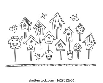 A big set of birdhouses. Vector illustration in Doodle style isolated on white background. For the spring design,stickers,children's coloring books.