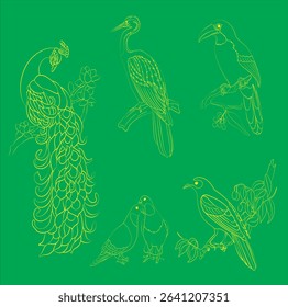 big set of birds species icons  in green background style engraved illustration woodcut animals.