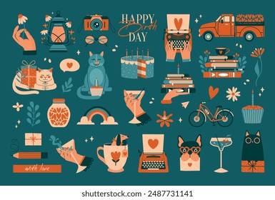 Big set of birthday clip arts with pickup truck full of red hearts, typewriter, cat, gift box, birthday cake, cupcake, cocktail, martini glass in woman hand, books with candle, bicycle. Sticker pack