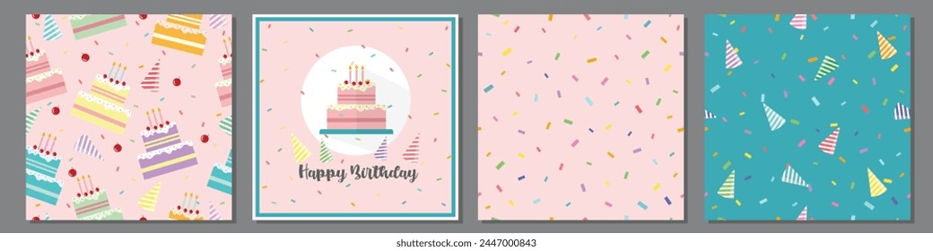 Big Set of Birthday Concept Seamless Patterns. Greeting card and repeatable printable patterns with birthday cake and celebration confetti Colorful pattern for birthday or party. 