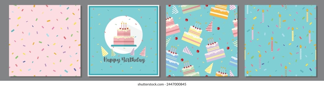 Big Set of Birthday Concept Seamless Patterns. Greeting card and repeatable printable patterns with birthday cake and celebration confetti Colorful pattern for birthday or party. 