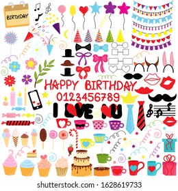 Big set of birthday items in flat style isolated on white background. Stock vector illustration for decoration and design, packaging, postcards, web pages, birthday, poster, banner, fabric and more.