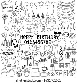 Big set of birthday items in outline isolated on white background. Stock vector illustration for decoration and design, packaging, postcards, web pages, birthday, poster, banner, fabric and more.