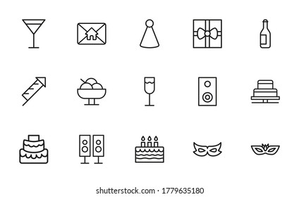 Big set of Birthday line icons. Vector illustration isolated on a white background. Premium quality symbols. Stroke vector icons for concept or web graphics. Simple thin line signs.
