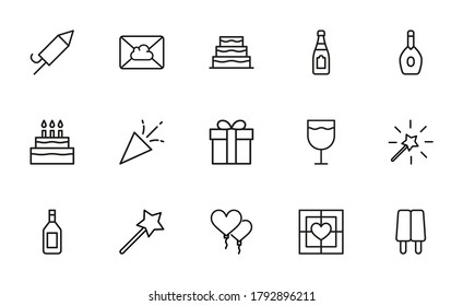 Big set of Birthday line icons. Vector illustration isolated on a white background. Premium quality symbols. Stroke vector icons for concept or web graphics. Simple thin line signs.