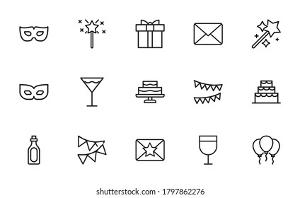 Big set of Birthday line icons. Vector illustration isolated on a white background. Premium quality symbols. Stroke vector icons for concept or web graphics. Simple thin line signs.