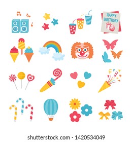 Big set of Birthday party elements. Sweet lemonade, rainbow, ice cream, gift card, confetti and candy. Flat and cute style. Birthday concept. 