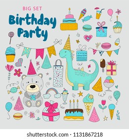 Big set of birthday party vector clip arts. Cute hand drawn animals and cartoon elements.