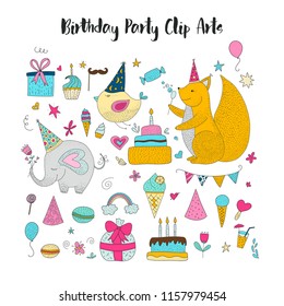 Big set of birthday party vector clip arts. Cute hand drawn animals and cartoon elements.