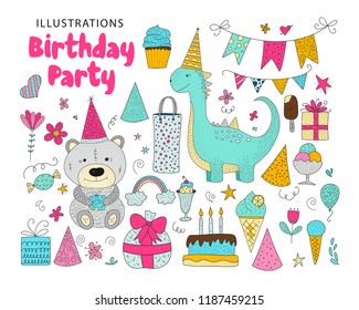 Big set of birthday party vector icons. Cute hand drawn animals and cartoon elements.