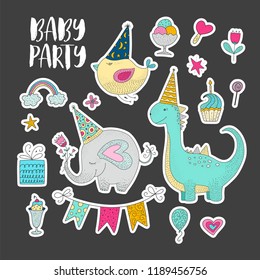 Big set of birthday party vector icons. Cute hand drawn animals and cartoon stickers.