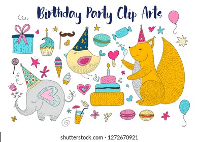 Big set of birthday party vector icons. Cute hand drawn animals and cartoon elements.