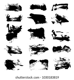 Big set of black abstract textured smears isolated on a white background