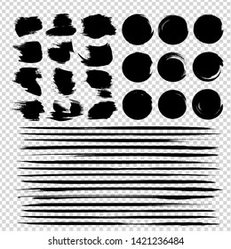 Big set of black abstract textured short and long, straight and round strokes set isolated on imitation transparent background