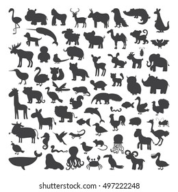 Big set of black animals silhouettes in cartoon style. Wild life. Vector illustration