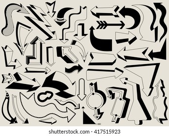 Big set of black arrows in different styles on white background with space for text. Easy edition elements. Vector illustration.
