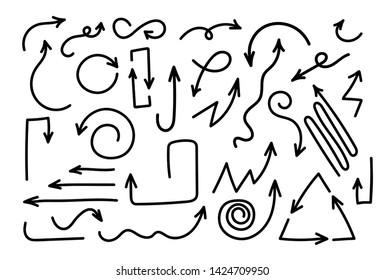 Big Set of Black arrows. Hand drawn vector illustration. Isolated on white background.