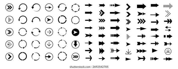 Ícones de setas pretas com conjunto grande. Coleção de vetores de seta. Seta. Cursor. Setas simples modernas. Ilustração vetorial.