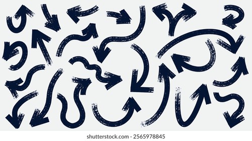 Big set black brush, ink, marker hand drawn bold arrows. Grunge hand drawn doodle thick arrows in different directions. Set of arrows for design, business, strategy, concept. Vector illustration