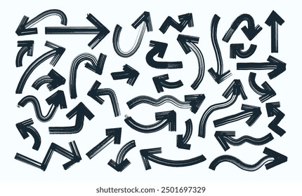 Big set of black brush, marker drawn bold arrows. Collection of grunge hand drawn doodle thick arrows in different directions. Isolated black vector arrows charcoal arrows, direction pointers icons.