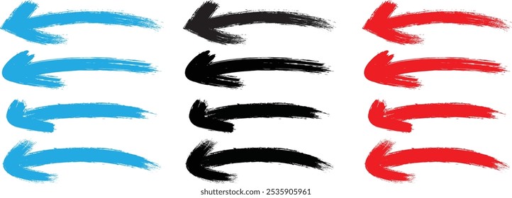 Big set of black brush, marker drawn bold arrows. Collection of grunge hand drawn doodle thick arrows in different directions. Isolated black vector arrows