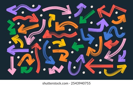 Gran conjunto de pincel negro, marcador dibujado flechas en negrita. Colección de grunge dibujado a mano doodle flechas gruesas en diferentes direcciones. Flechas de Vector negro aisladas flechas de carbón, iconos de punteros de dirección.