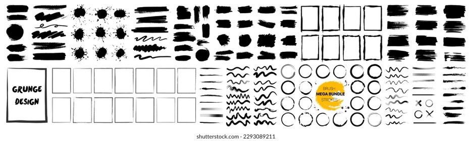 Gran conjunto de elementos de trazo de pincel negro. Círculo de pincel, marco grueso