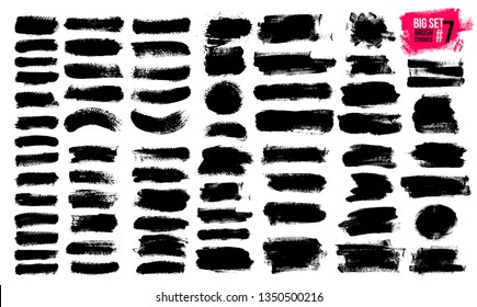 Big Set Of Black Brush Strokes, Paint, Ink, Grunge, Brushes, Lines. Dirty Artistic Elements, Boxes, Frames. Freehand Drawing. Vector Illustration. Isolated On White Background.