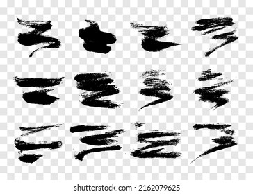 Big set of black brush strokes. Hand drawn ink spots isolated on transparent background. Vector illustration