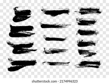Big set of black brush strokes. Hand drawn ink spots isolated on transparent background. Vector illustration