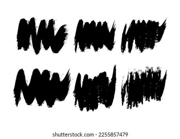 Große Menge schwarzer Pinselstriche. Handgezeichnete Tintenflecken einzeln auf weißem Hintergrund. Vektorgrafik