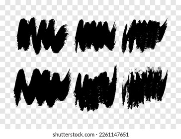 Big set of black brush strokes. Hand drawn ink spots isolated on transparent background. Vector illustration