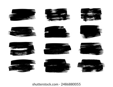 Big set of black brush strokes. Hand drawn ink spots isolated on white background. Vector illustration