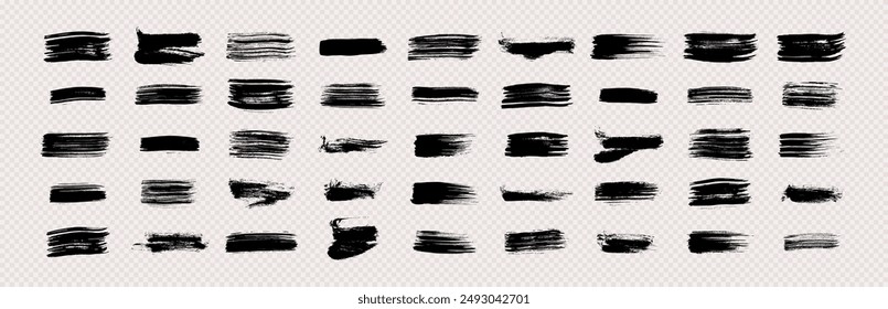 Big set of black brush strokes. Hand drawn ink spots isolated on transparent background. Vector illustration