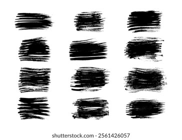 Big set of black brush strokes. Hand drawn ink spots isolated on white background. Vector illustration