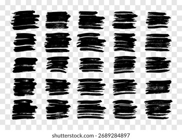 Gran conjunto de pinceladas negras. Manchas de tinta dibujadas a mano aisladas sobre fondo transparente. Ilustración vectorial