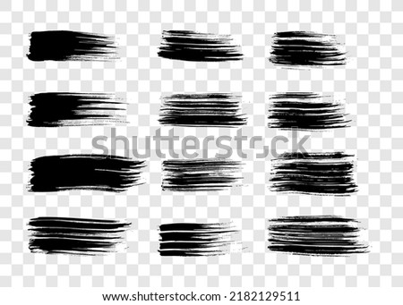 Big set of black brush strokes. Hand drawn ink spots isolated on transparent background. Vector illustration