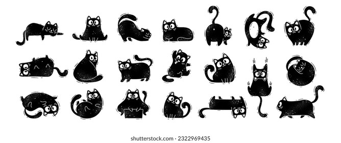 Big set of black cats in linocut style. Cute funny fluffy cats.