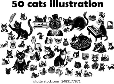 Gran conjunto de gatos negros en estilo linocut. 50 Encantadora ilustración de gatos para su libro kdp o proyecto de niños