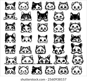 Big set of black cats in linocut style. Cute funny fluffy cats.