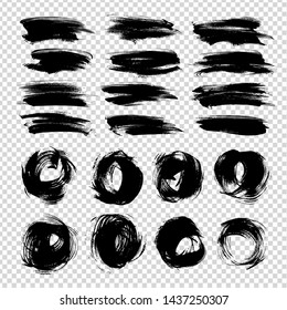 Big set of black circle and smooth thick short textural strokes isolated on imitation transparent background
