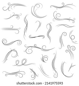 Big Set Black Collection Simple Line Winds Gust Squall Curl Doodle Outline Nature Element Vector Design Style Sketch Isolated Illustration