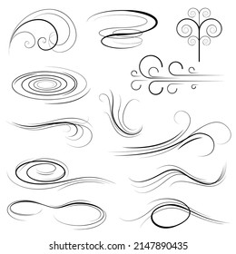 Big Set Black Collection Simple Line Winds Gust Squall Curl Doodle Outline Nature Element Vector Design Style Sketch Isolated Illustration