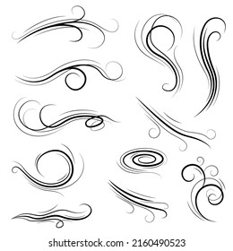 Big Set Black Collection Simple Line Winds Gust Squall Curl Doodle Outline Nature Element Vector Design Style Sketch Isolated Illustration