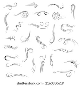 Big Set Black Collection Simple Line Winds Gust Squall Curl Doodle Outline Nature Element Vector Design Style Sketch Isolated Illustration