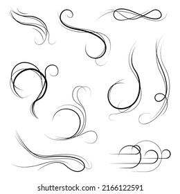 Big Set Black Collection Simple Line Winds Gust Squall Curl Doodle Outline Nature Element Vector Design Style Sketch Isolated Illustration