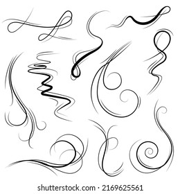 Big Set Black Collection Simple Line Winds Gust Squall Curl Doodle Outline Nature Element Vector Design Style Sketch Isolated Illustration